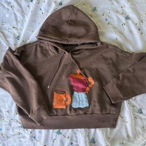 Brown Cropped Hoodie with Coffee Pot & Mug Applique